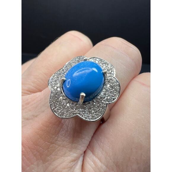 NEW Ceruleite and zircon blossom ring in rhodium over sterling silver size 8 - Picture 2 of 16